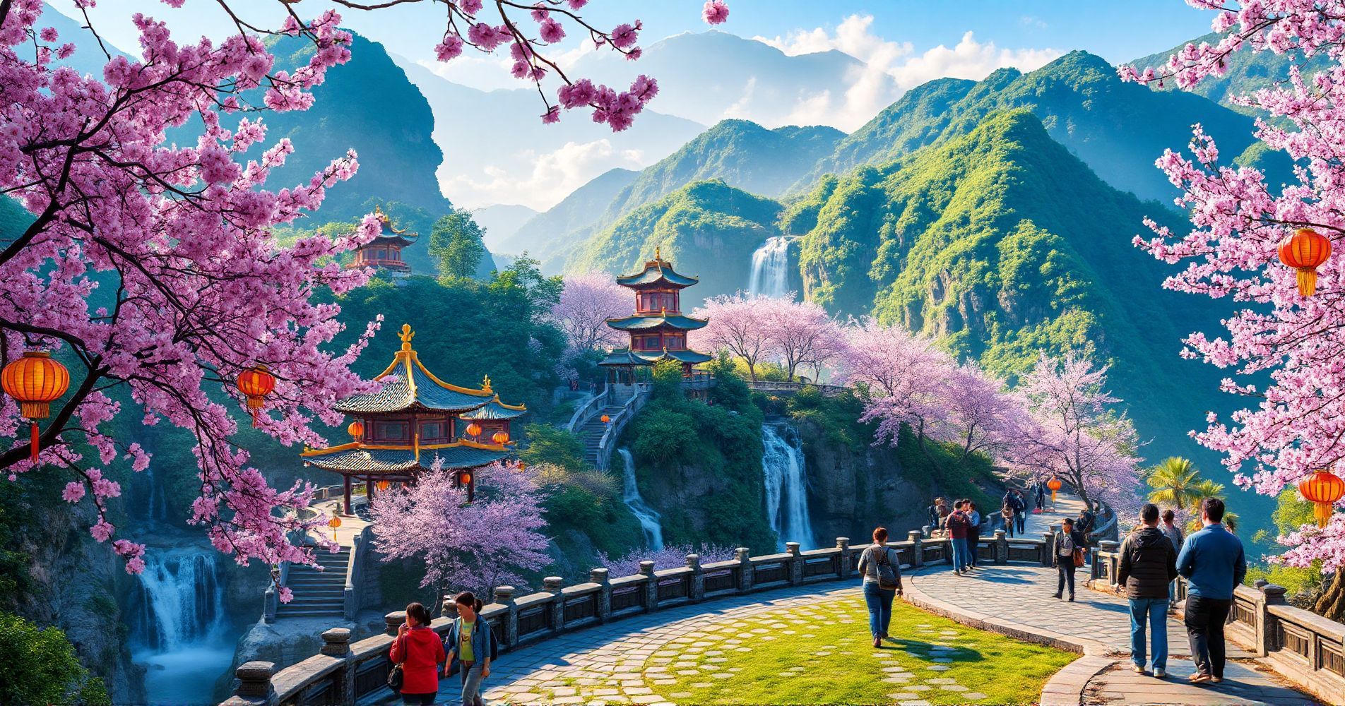 Discover ancient temples amid blooming sakura and cascading waterfalls